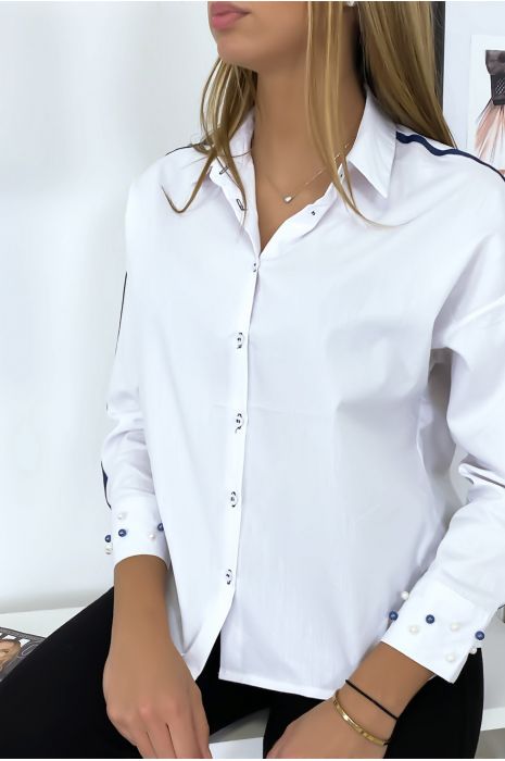 White shirt with pearls on the sleeves - 5