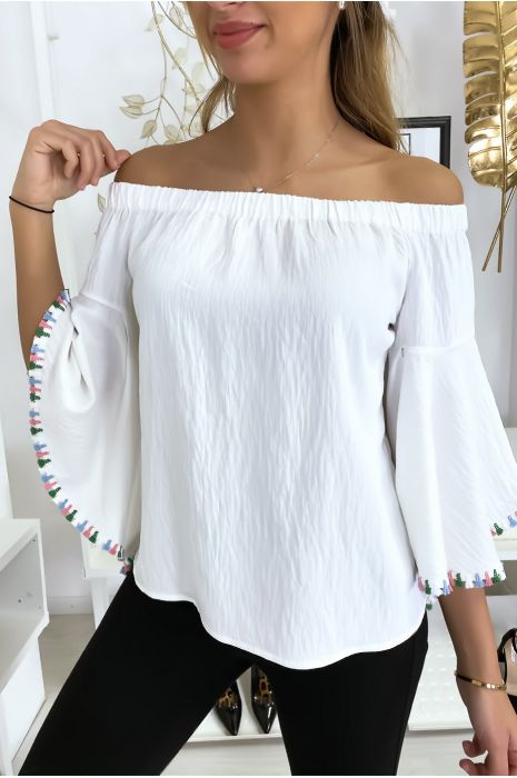 Witte bardot blouse met losse mouwen - 1