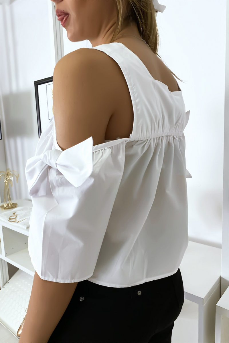 Witte crop top blouse met strikjes - 6