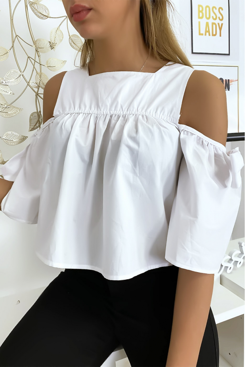 Witte crop top blouse met strikjes - 5