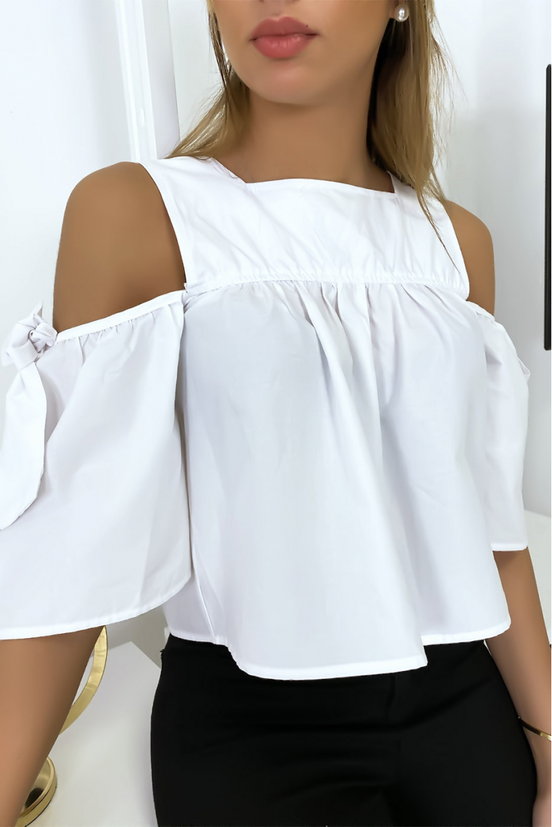 Witte crop top blouse met strikjes - 2