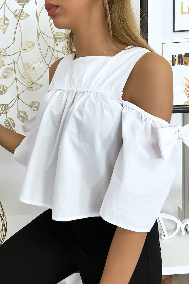 Witte crop top blouse met strikjes - 4