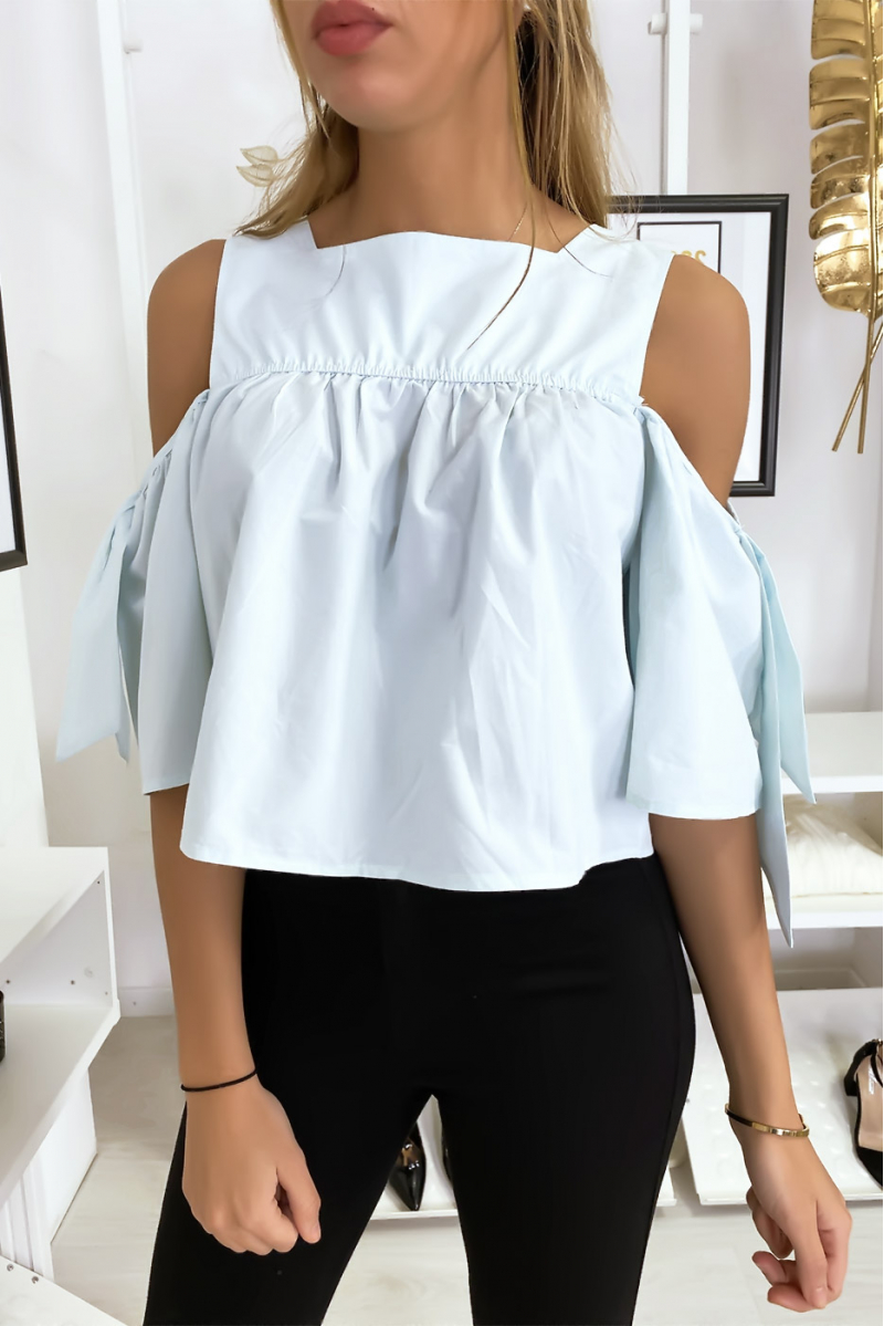 Blue crop top blouse with bows - 1