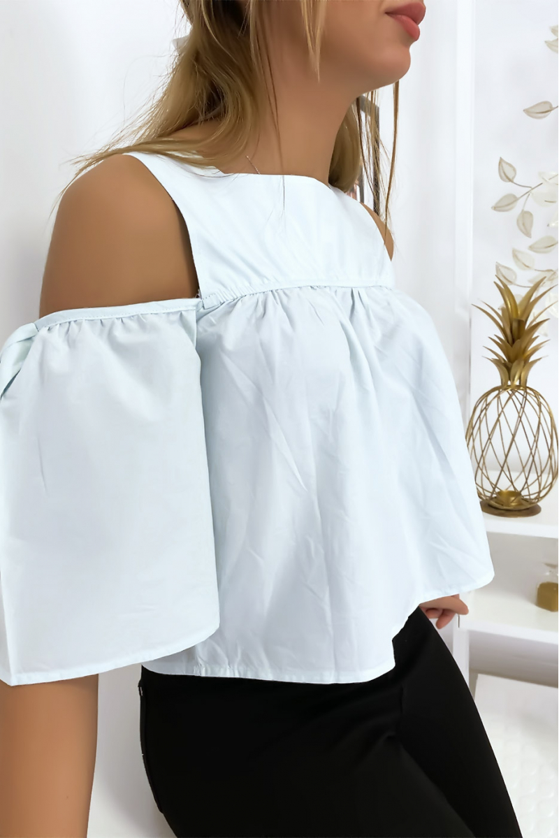 Blue crop top blouse with bows - 5