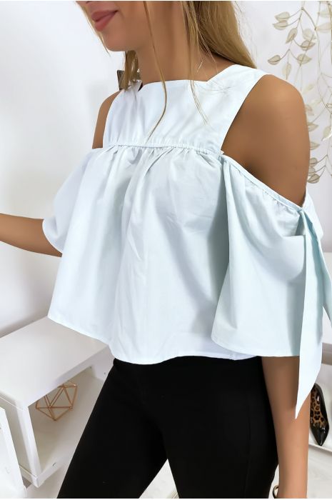 Blauwe crop top blouse met strikjes - 2