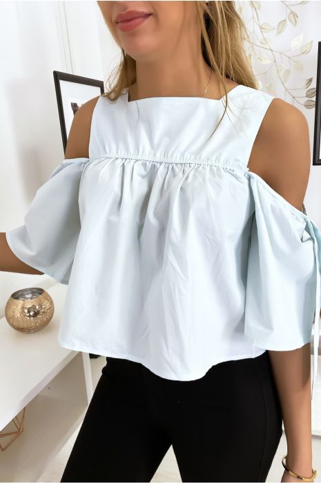 Blue crop top blouse with bows - 3