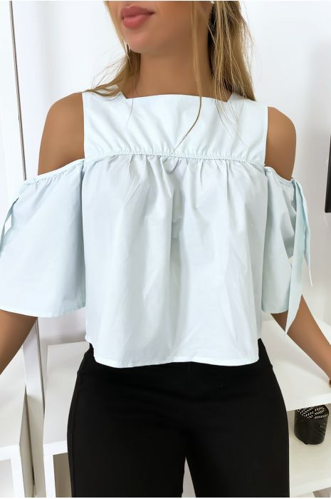 Blauwe crop top blouse met strikjes - 4