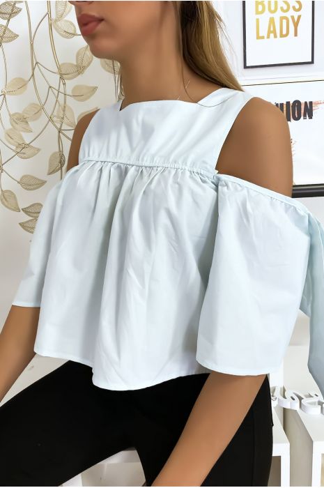 Blue crop top blouse with bows - 7