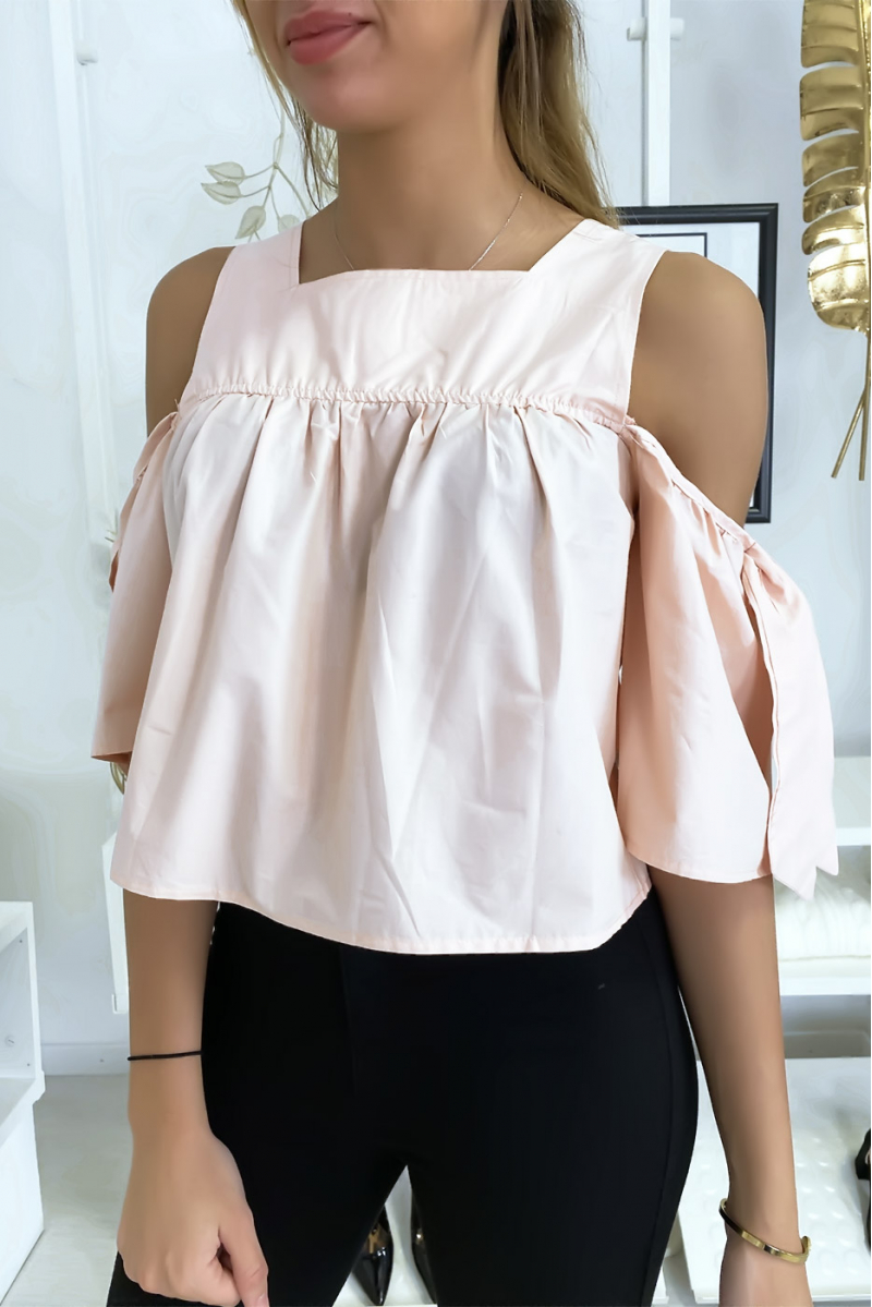 Roze crop top blouse met strikjes - 1