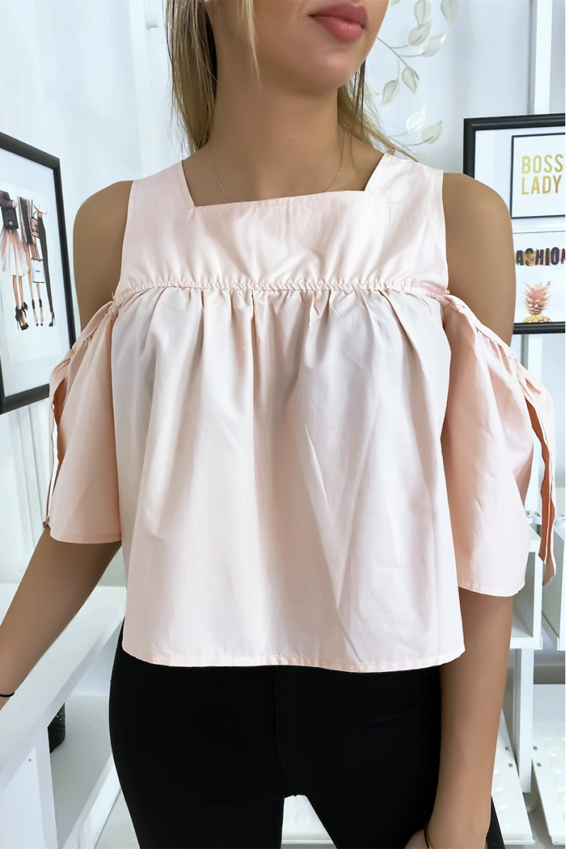 Pink crop top blouse with bows - 2