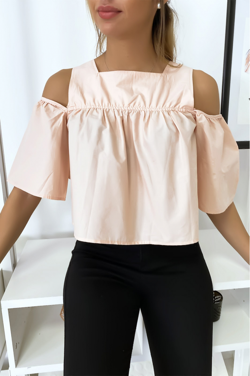 Roze crop top blouse met strikjes - 3