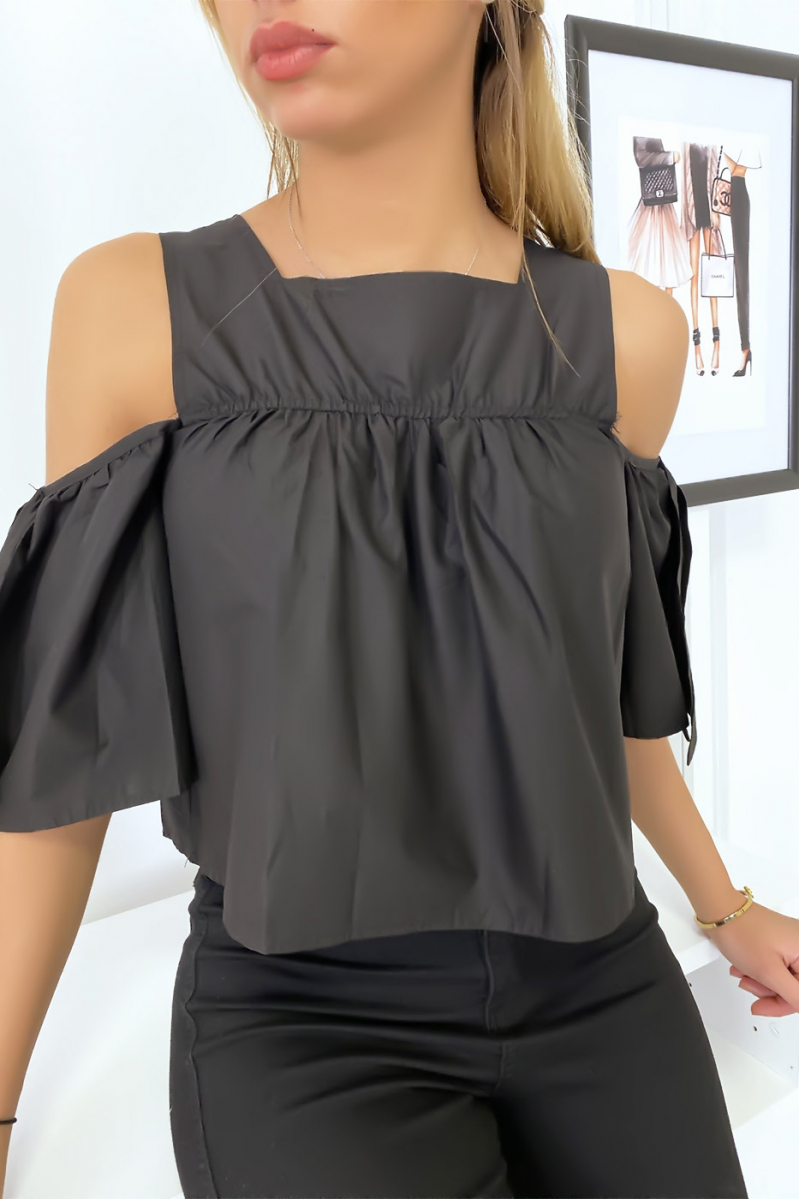Zwarte crop top blouse met strikjes - 3