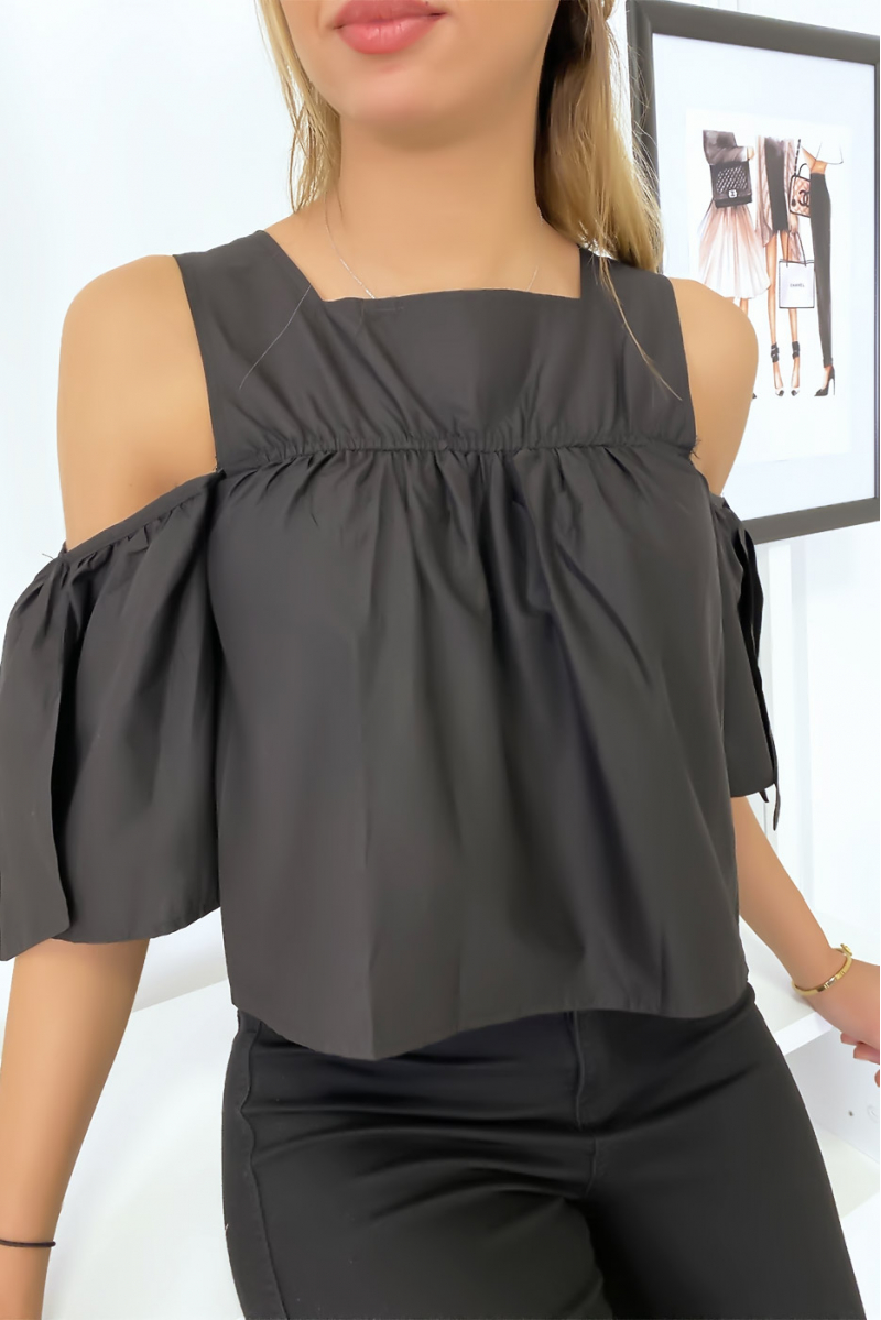 Zwarte crop top blouse met strikjes - 4
