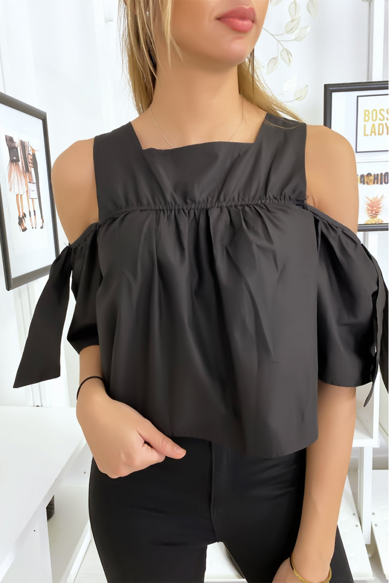 Zwarte crop top blouse met strikjes - 2