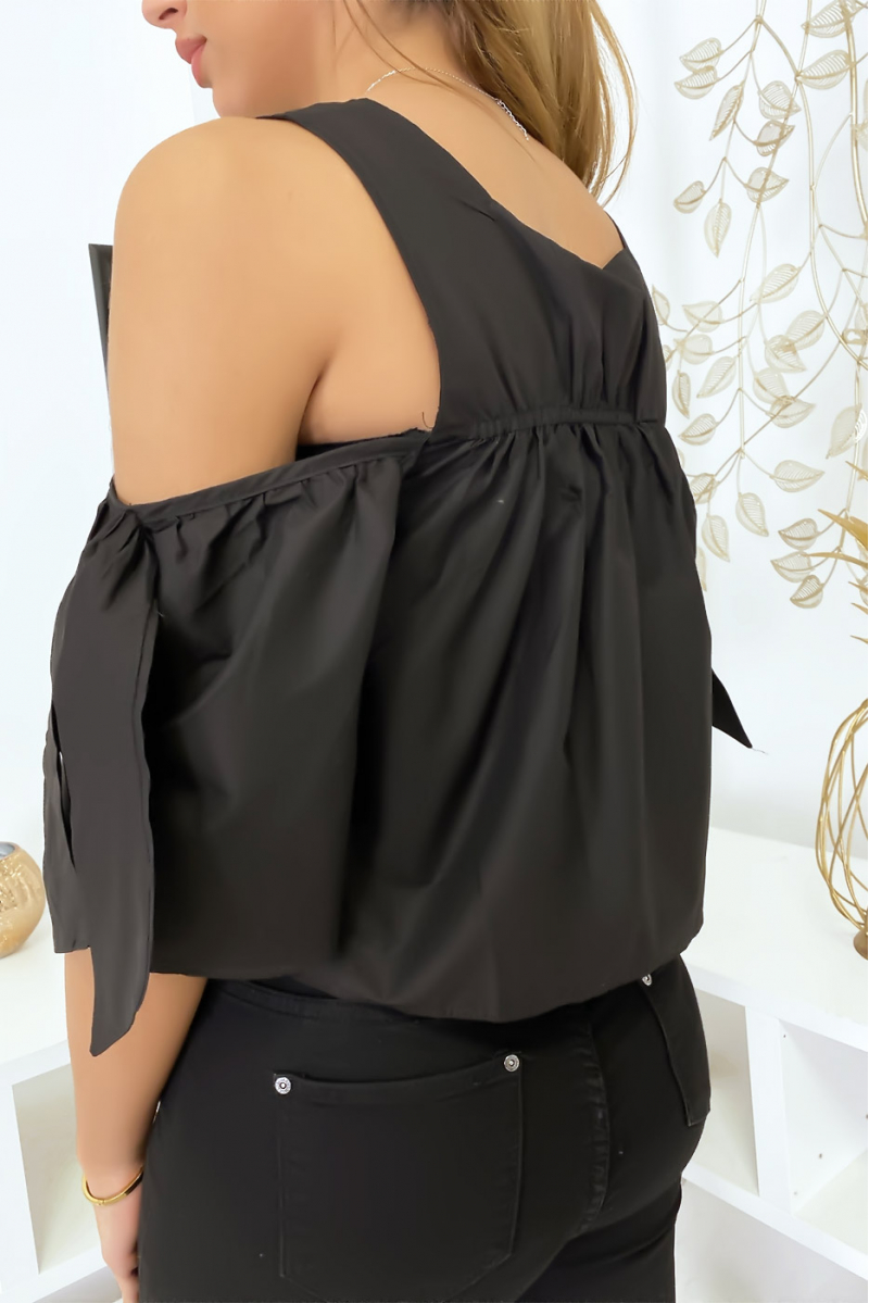 Zwarte crop top blouse met strikjes - 5