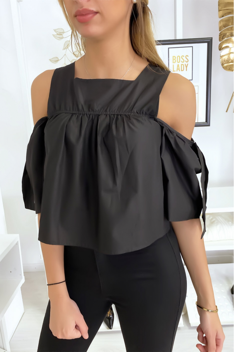 Zwarte crop top blouse met strikjes - 1