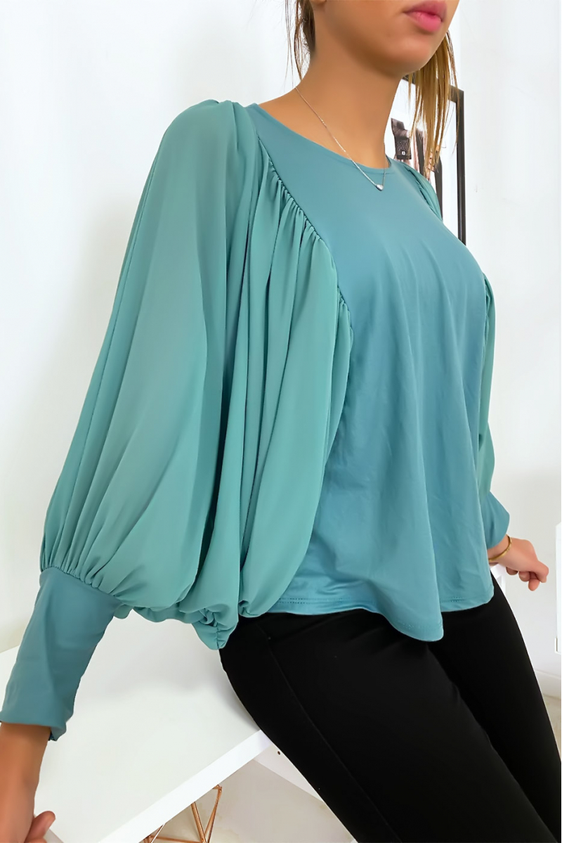Mooie turquoise blouse met gedrapeerde mouwen - 5