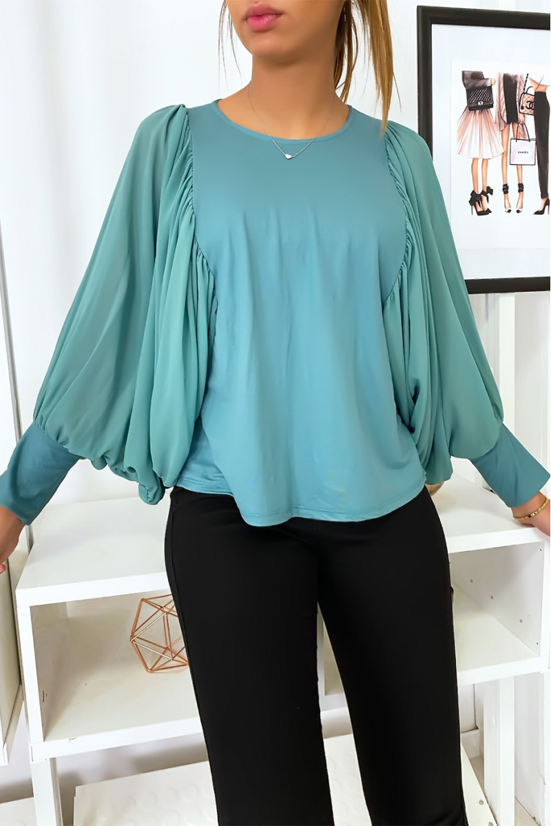 turquoise blouse met gedrapeerde mouwen