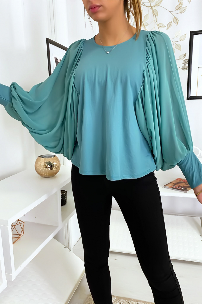 Mooie turquoise blouse met gedrapeerde mouwen - 1