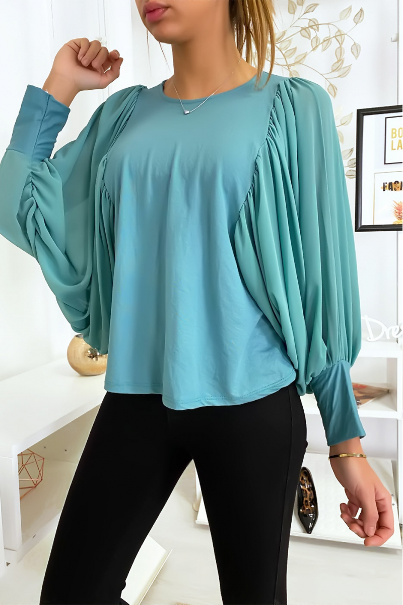 Mooie turquoise blouse met gedrapeerde mouwen - 2