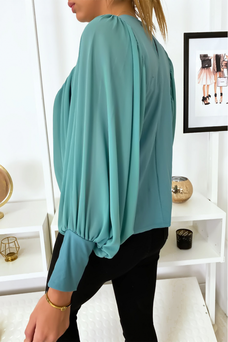 Mooie turquoise blouse met gedrapeerde mouwen - 6
