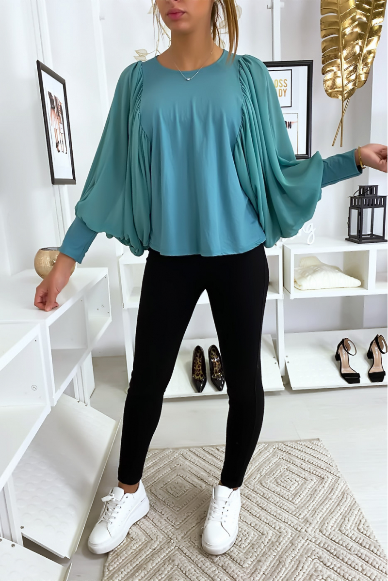 Mooie turquoise blouse met gedrapeerde mouwen - 3