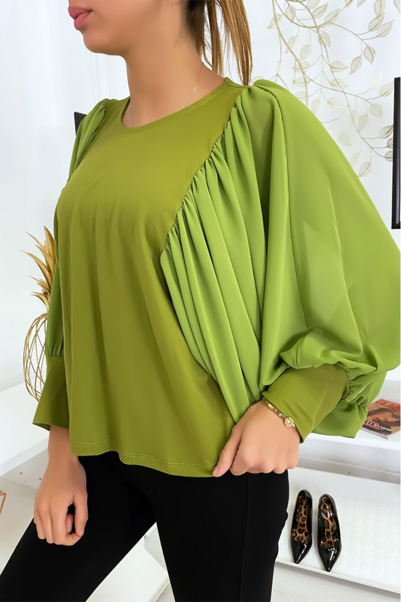 Mooie groene blouse met gedrapeerde mouwen - 2
