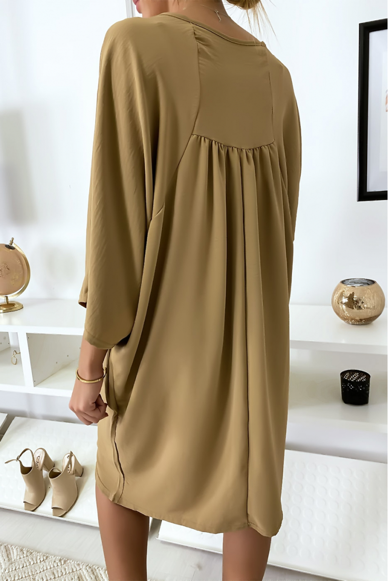 Classy camel dress with short sleeves - 6