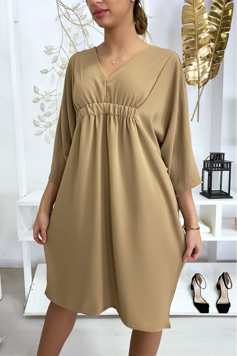 Classy camel dress with short sleeves - 1