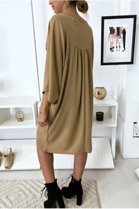 Classy camel dress with short sleeves - 5