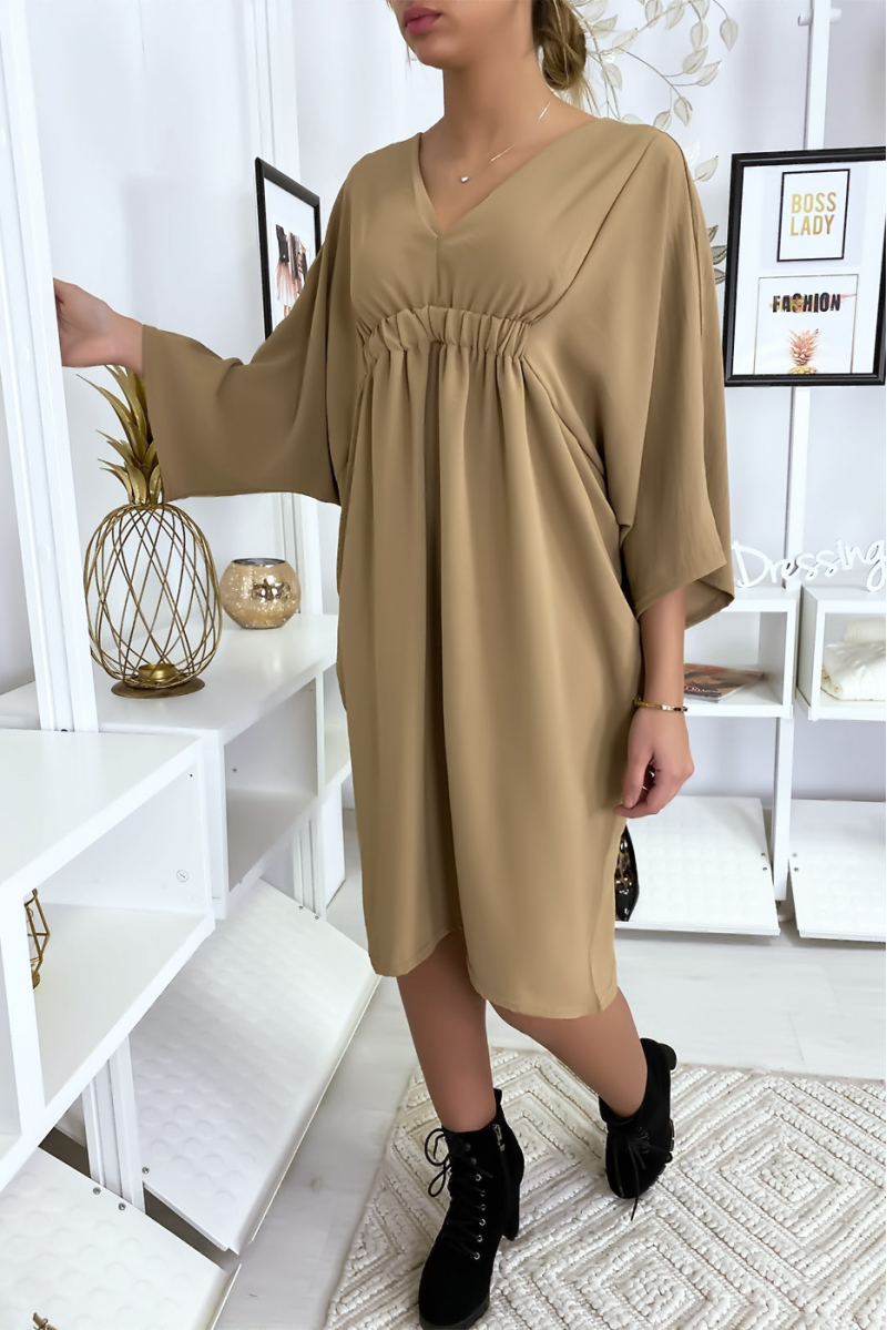 Classy camel dress with short sleeves - 3