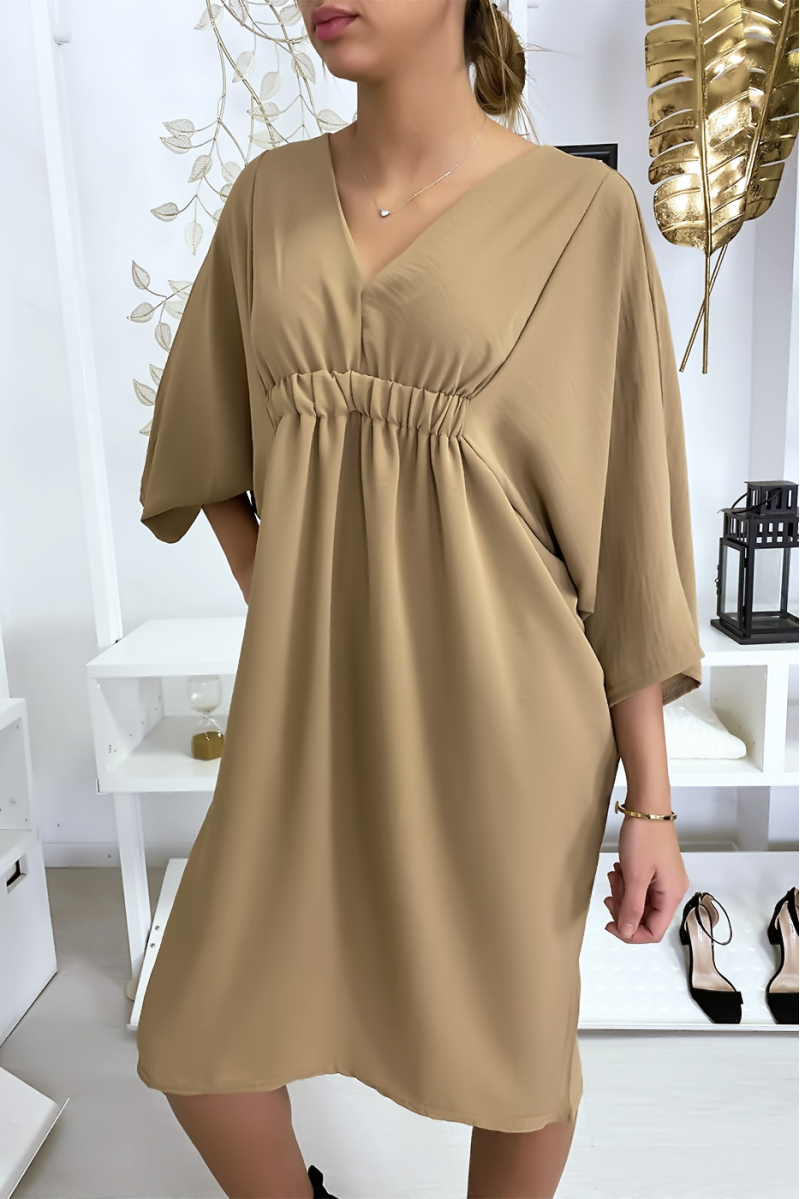 Classy camel dress with short sleeves - 2