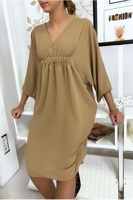 Classy camel dress with short sleeves - 7