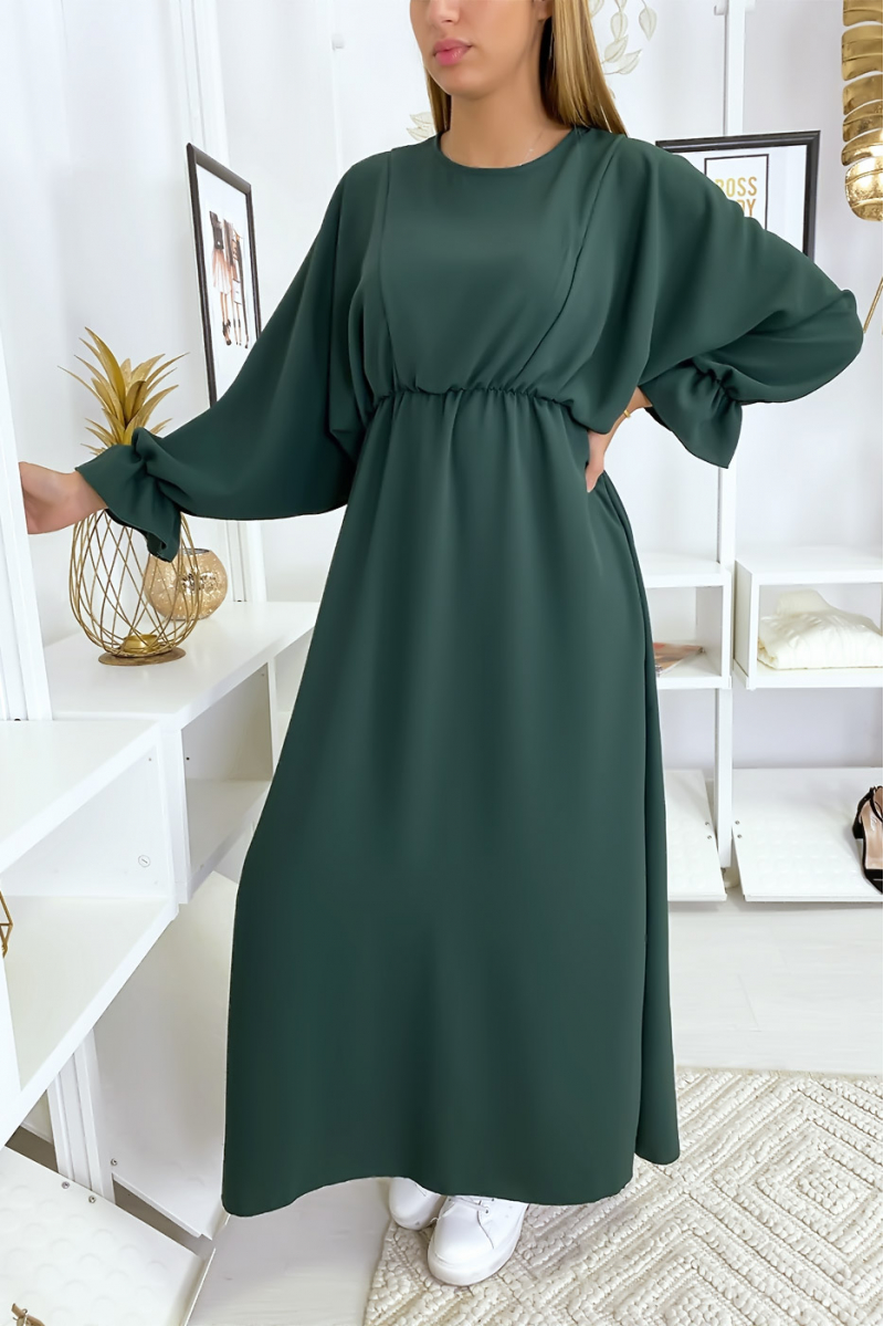 Women's long green dress with round neck - 1