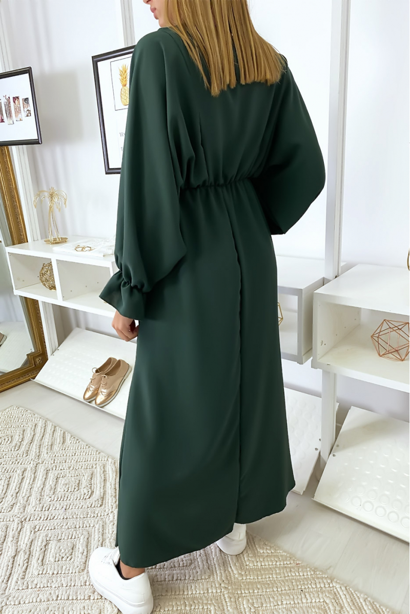 Women's long green dress with round neck - 3