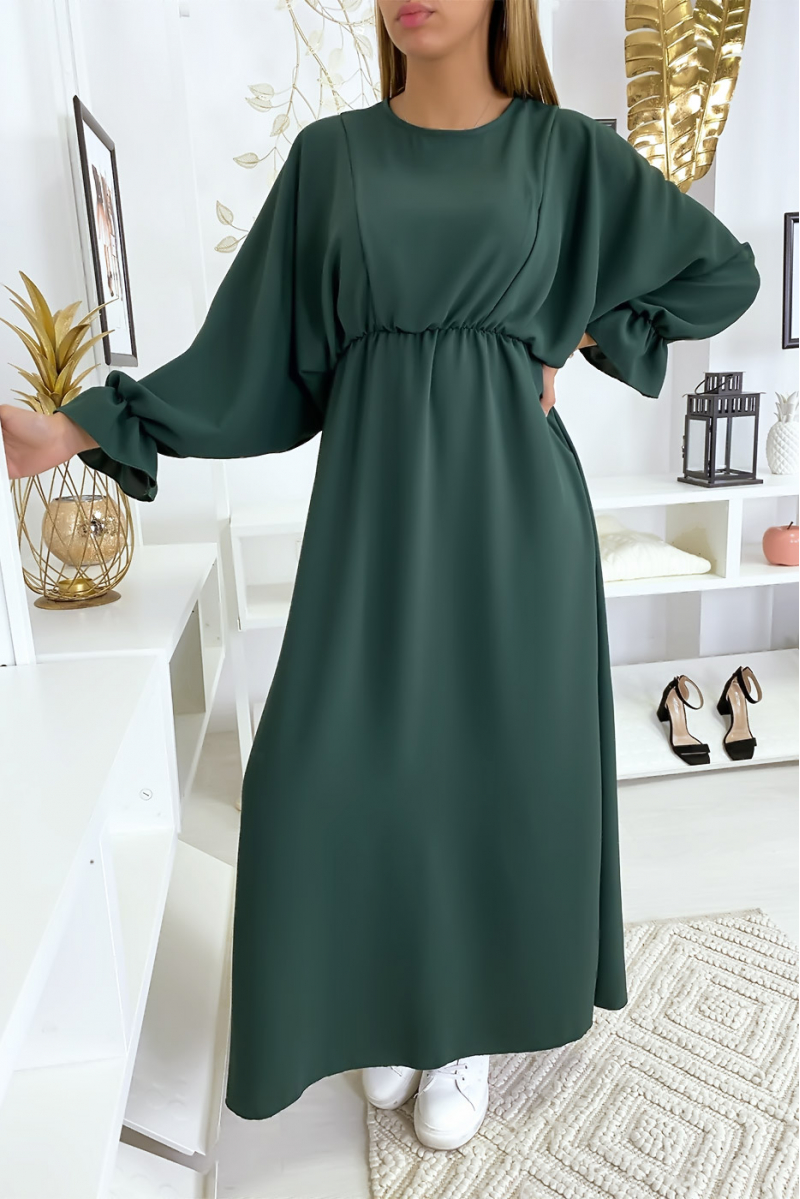Women's long green dress with round neck - 2