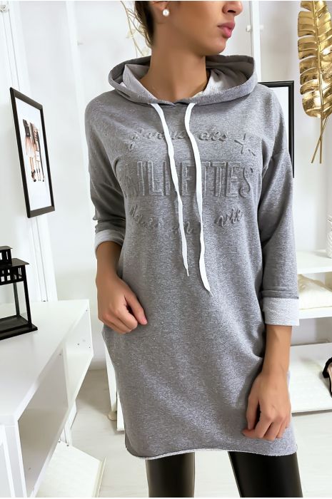 Pull robe gris à capuche "J'veux des paillettes dans ma vie" - 1