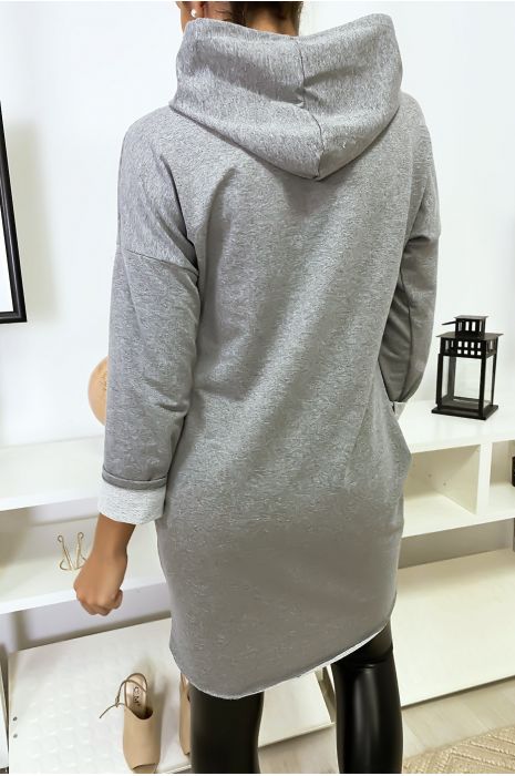 Pull robe gris à capuche "J'veux des paillettes dans ma vie" - 4