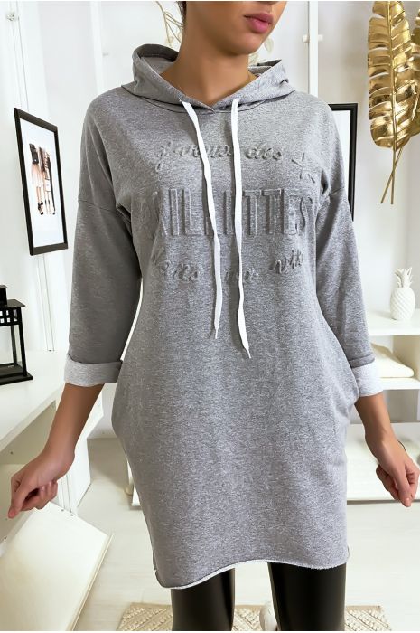 Pull robe gris à capuche "J'veux des paillettes dans ma vie" - 3
