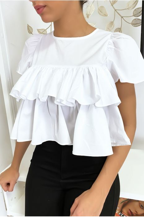 Witte crop top met ruches - 4