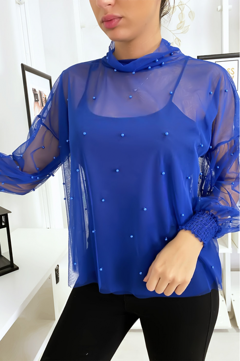 Loose blue mesh top with pearls - 2