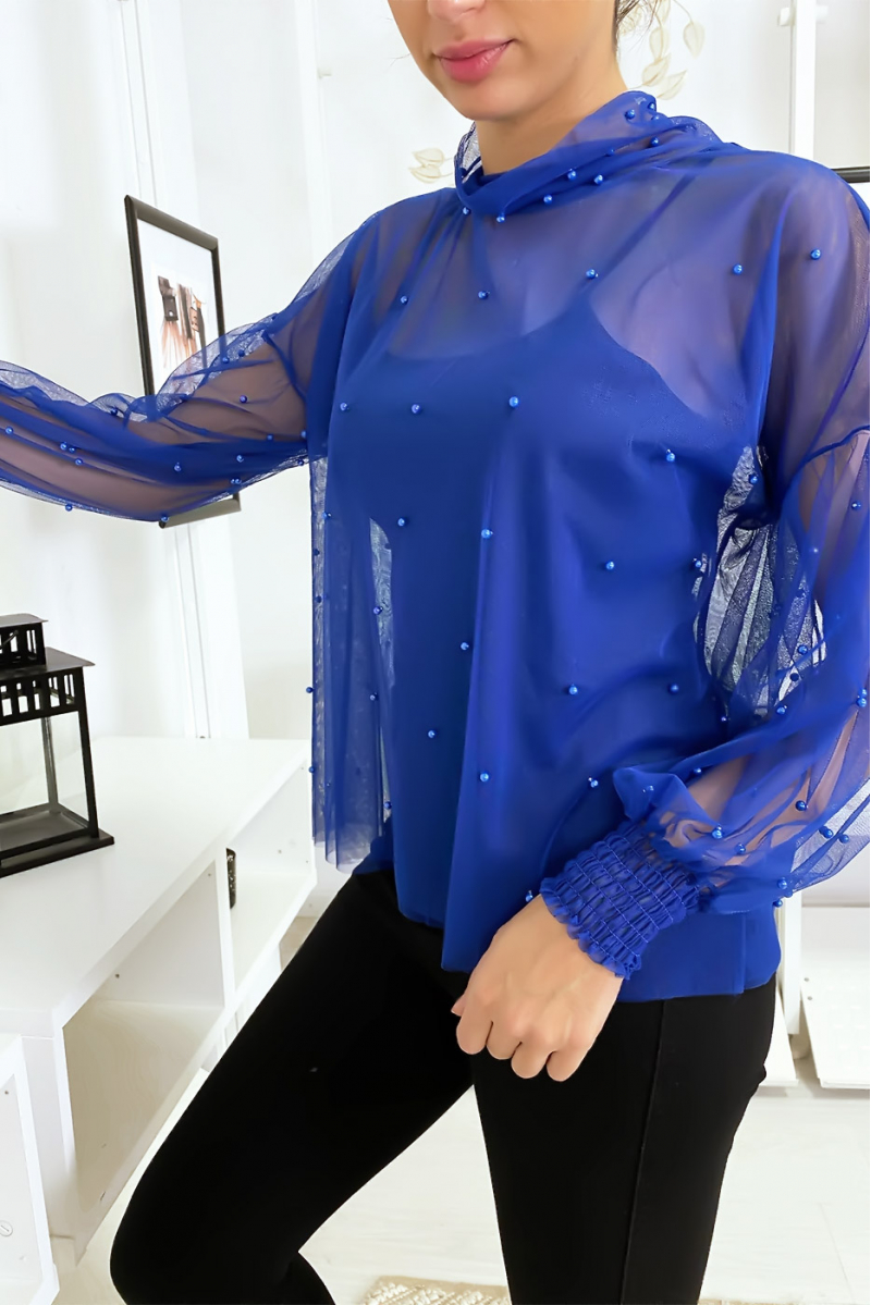 Loose blue mesh top with pearls - 3