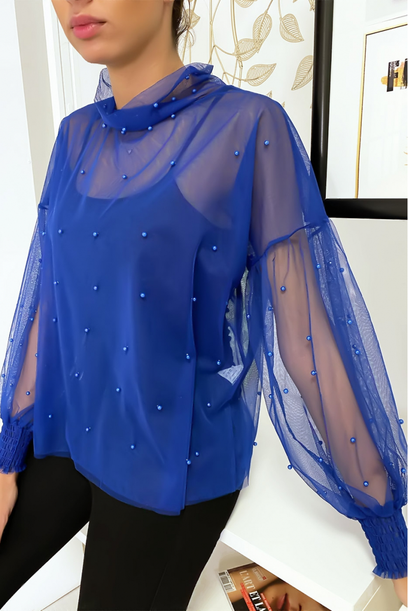 Loose blue mesh top with pearls - 4