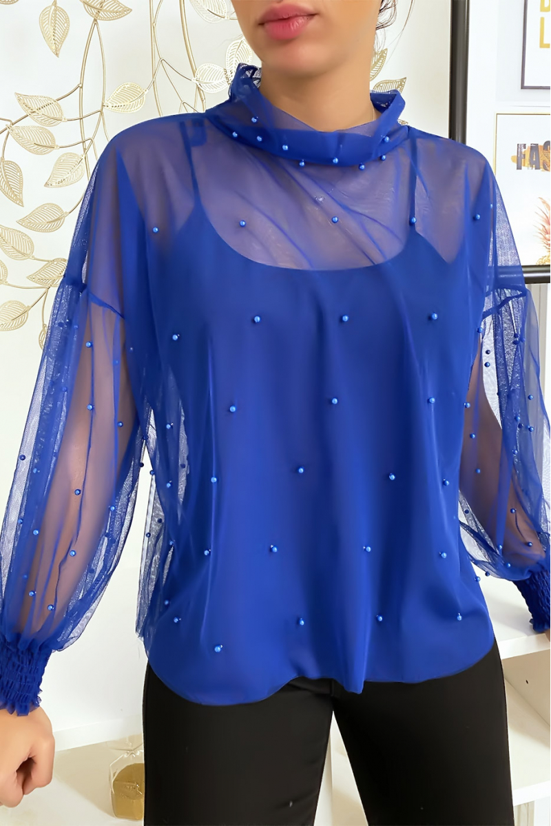 Loose blue mesh top with pearls - 5