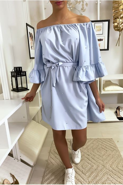 Robe bardot bleu à perles - 3