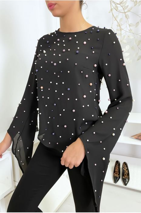 Soepelvallende zwarte top met parels - 3