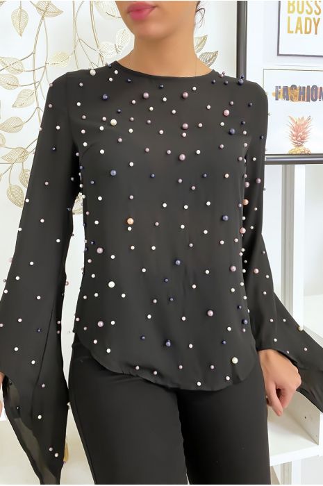 Soepelvallende zwarte top met parels - 5