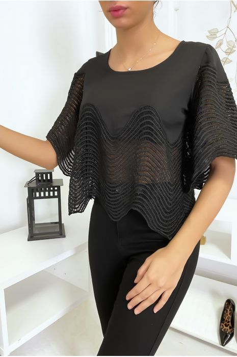 Bijgesneden zwarte top met borduursel - 3