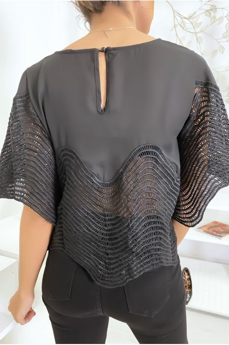 Bijgesneden zwarte top met borduursel - 5