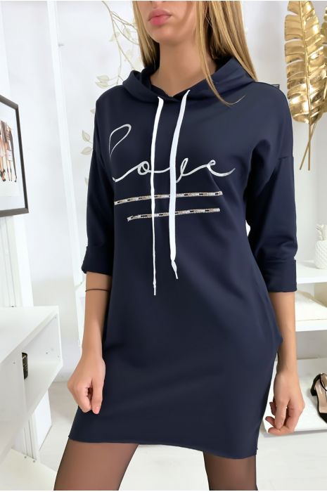 Sweat à capuche marine avec écriture love et strass - 2